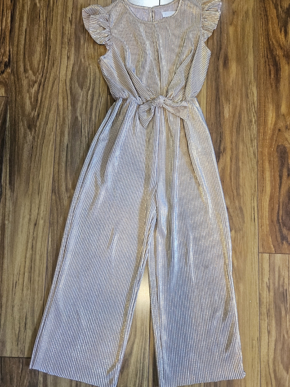 Nannette Metallic Rose Gold Pleated Girls Jumpsuit with Tie